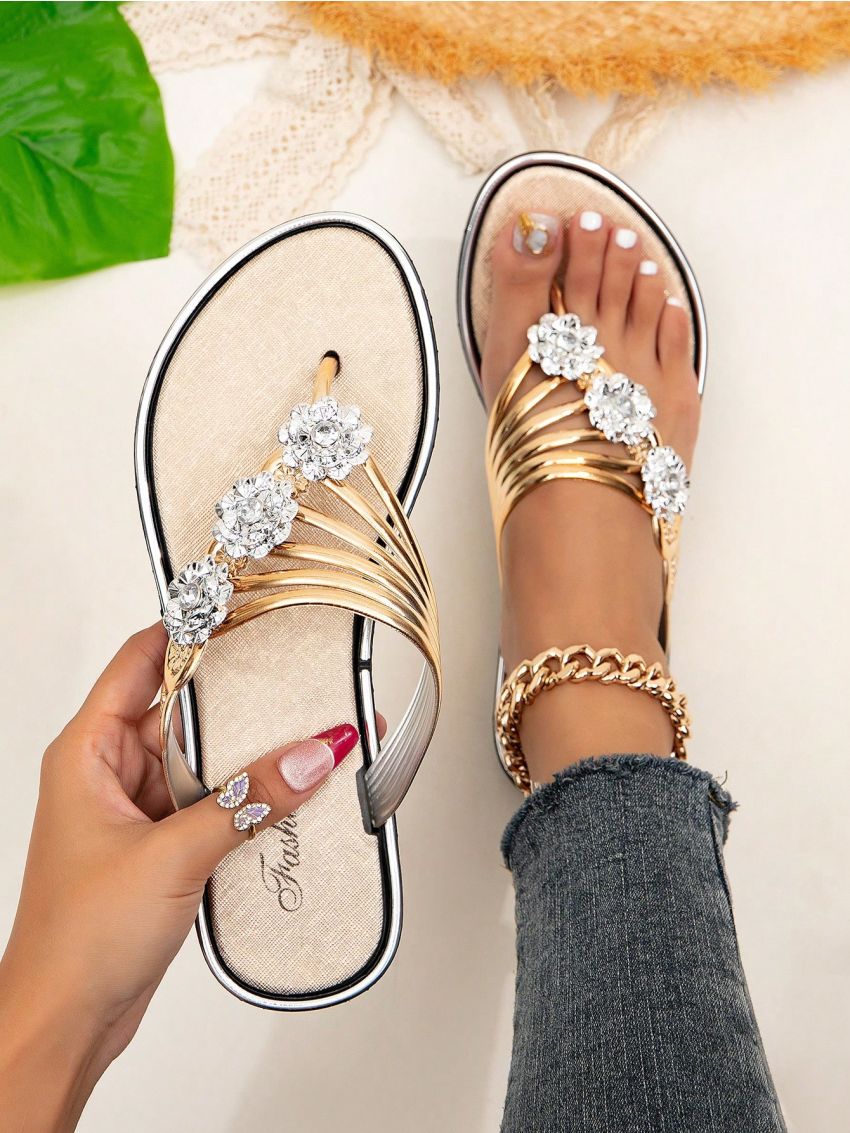 Metallic Flower Decor Flip Flops