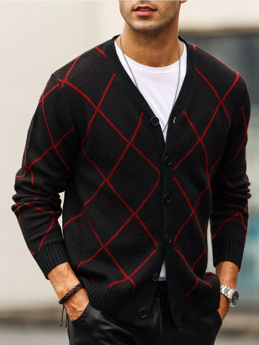 Manfinity Homme Men's Simple Red & Black Plaid Cardigan