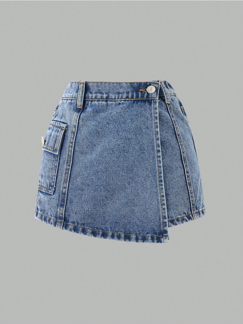 Tween Girls' Denim Skort With Ruffle Wrap Detail, Washed