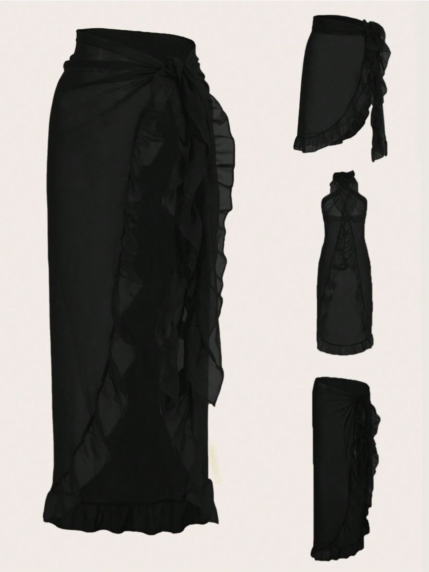 SHEIN Swim Summer Beach Ruffle Trim Tie Side Cover Up Skirt