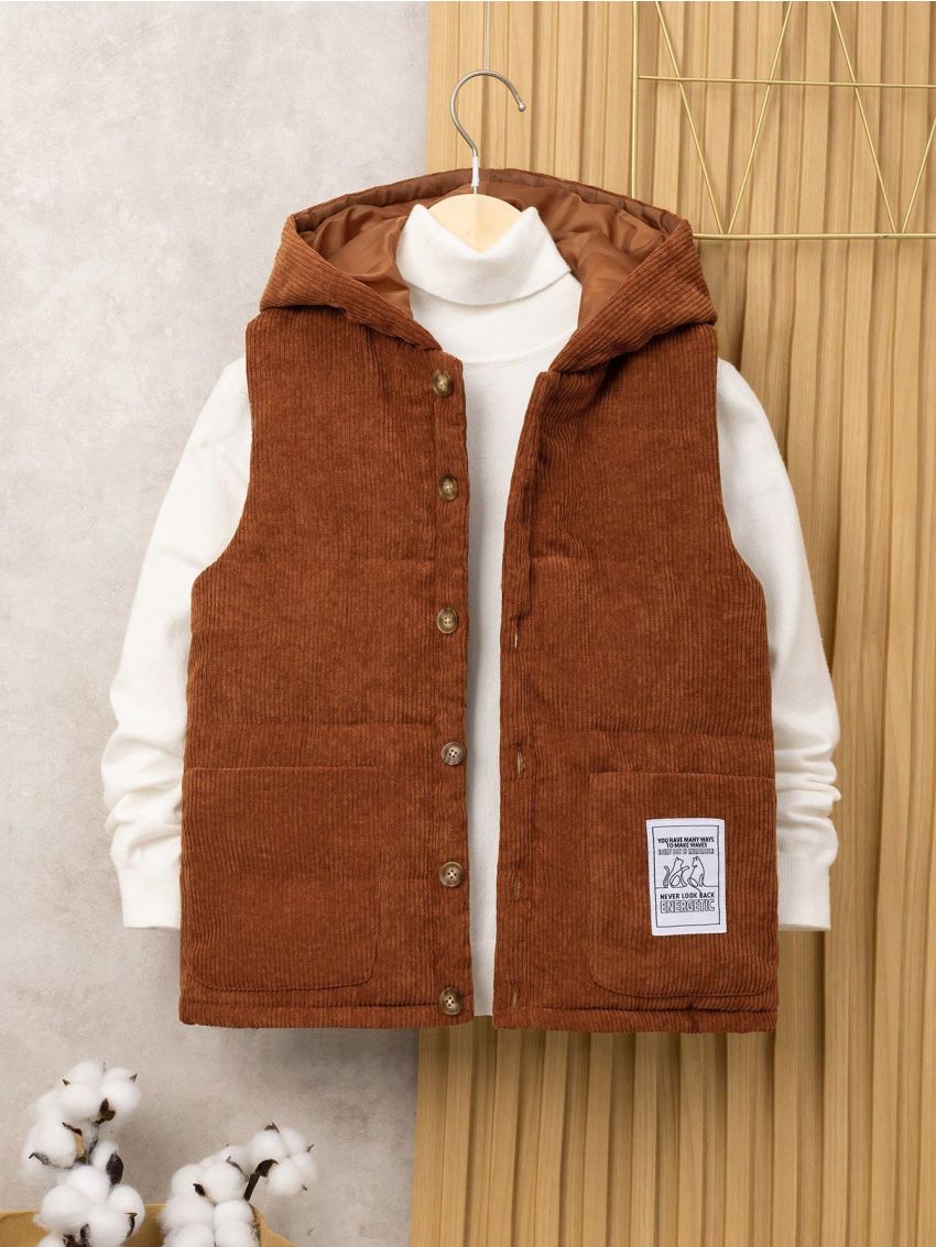 SHEIN Tween Boy 1pc Slogan Patched Hooded Puff Coat