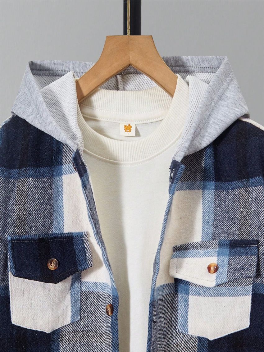 Tween Boy Plaid Print Flap Pocket Hooded Coat Without Tee