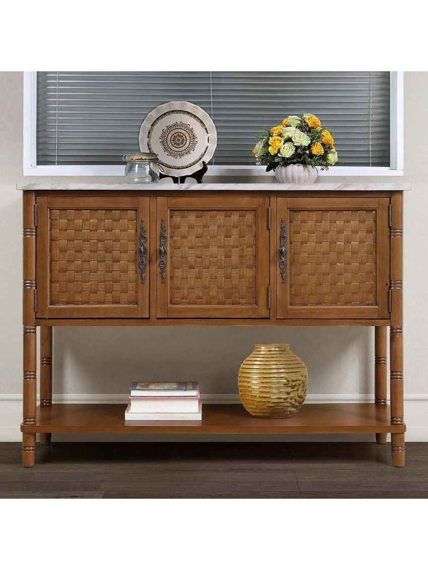 Entryway Table with Artificial Stone Look Tabletop, 47'' Farmhouse & Modern Console Table with Storage, Rustic Sofa Table with Open Shelf for Entry Way, Hallway, Living Room, Oak