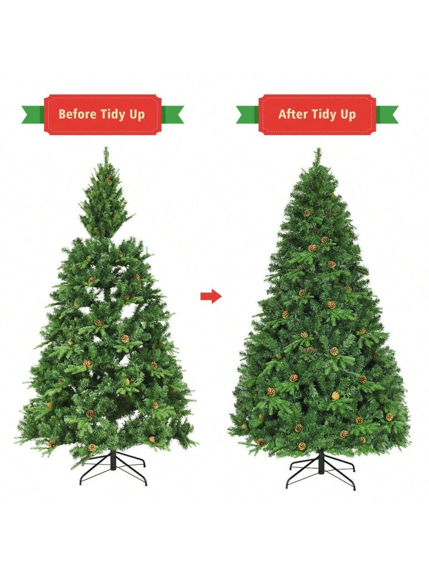 Gymax 7.5' Artificial Pre-Lit Christmas Tree Hinged LED Lights Pine Cones Metal Stand