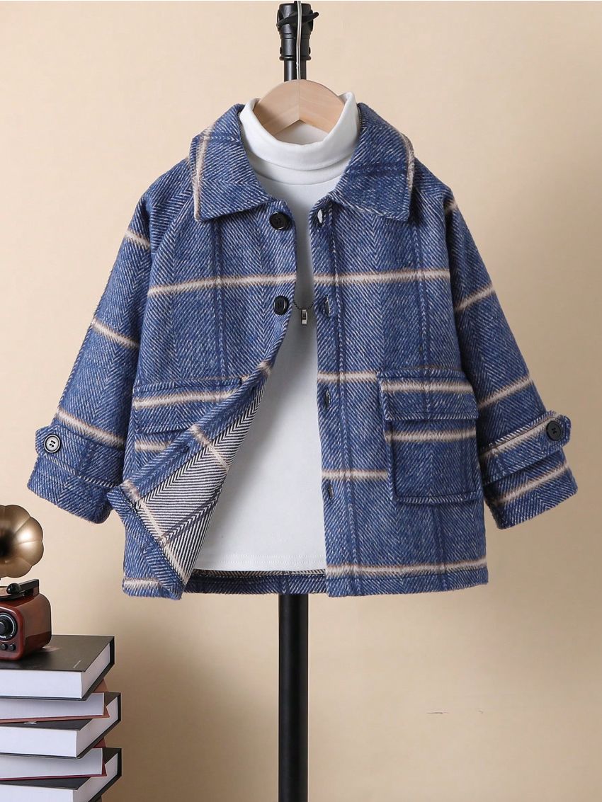Young Boy Plaid Print Raglan Sleeve Flap Pocket Thermal Lined Overcoat