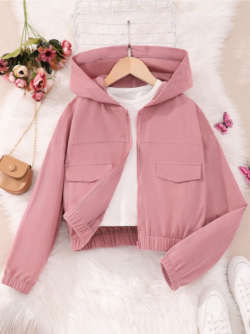 Teen Girls' Solid Color Hooded Casual Jacket With Mock Pockets