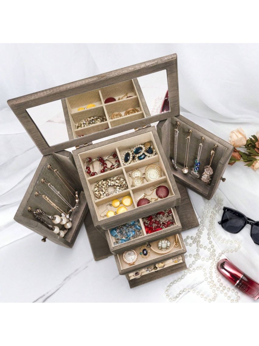 Jewelry Box for Women, Rustic Wooden Jewelry Boxes & Organizers with Mirror, 4 Layer Jewelry Organizer Box Display for Rings Earrings Necklaces Bracelets