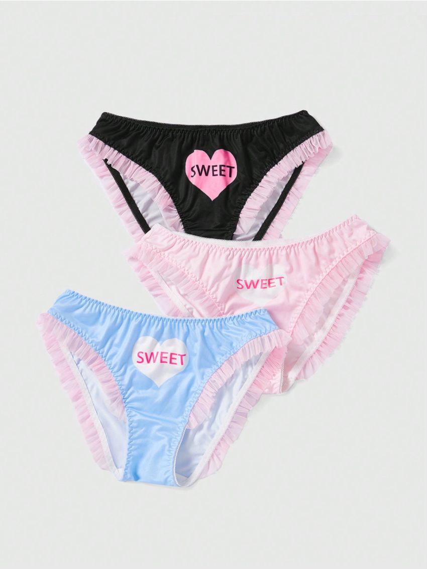ROMWE Kawaii 3pcs Letter Print Bikini Panties With Lace Trim Detail