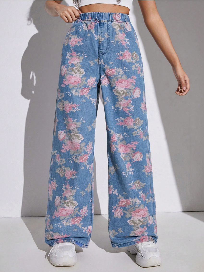 SHEIN Teenage Girls' Floral Print Elastic Waist Wide Leg Jeans
