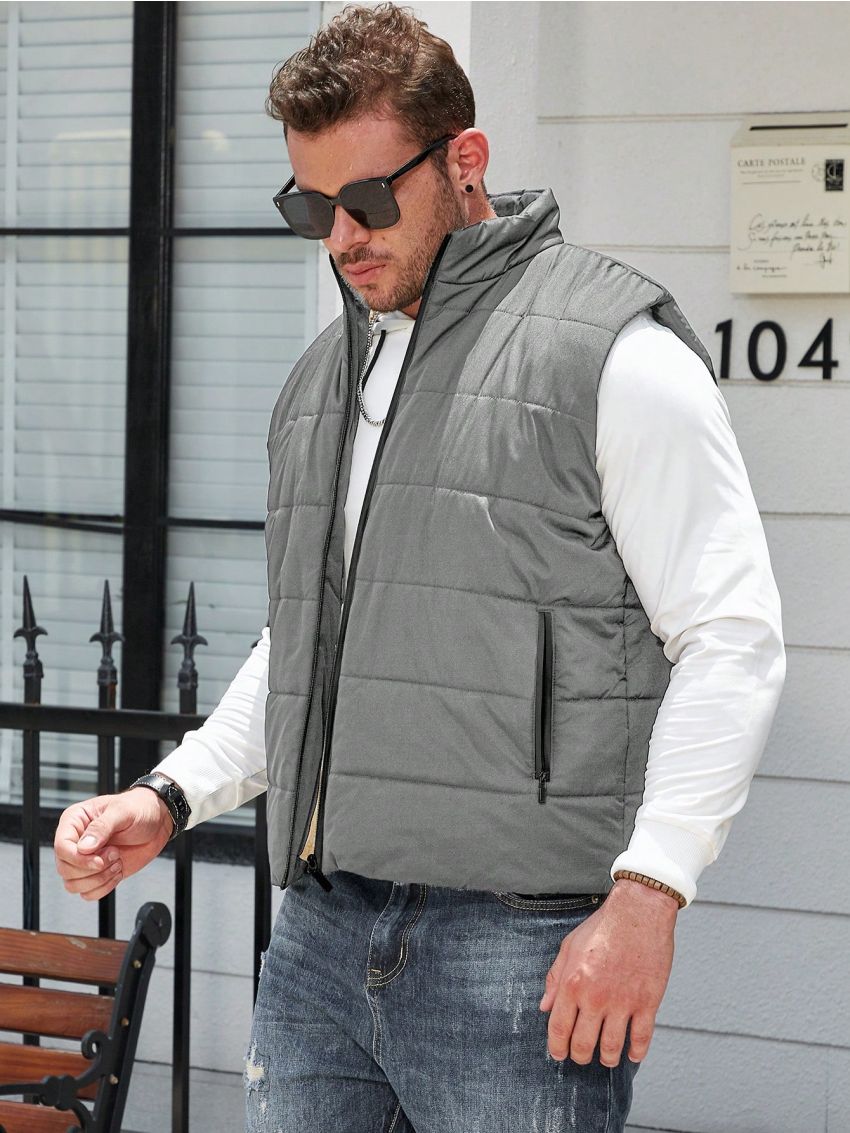 Manfinity Homme Men's Plus Size Sleeveless Hoodless Zipper Closure Warm Jacket In Grey