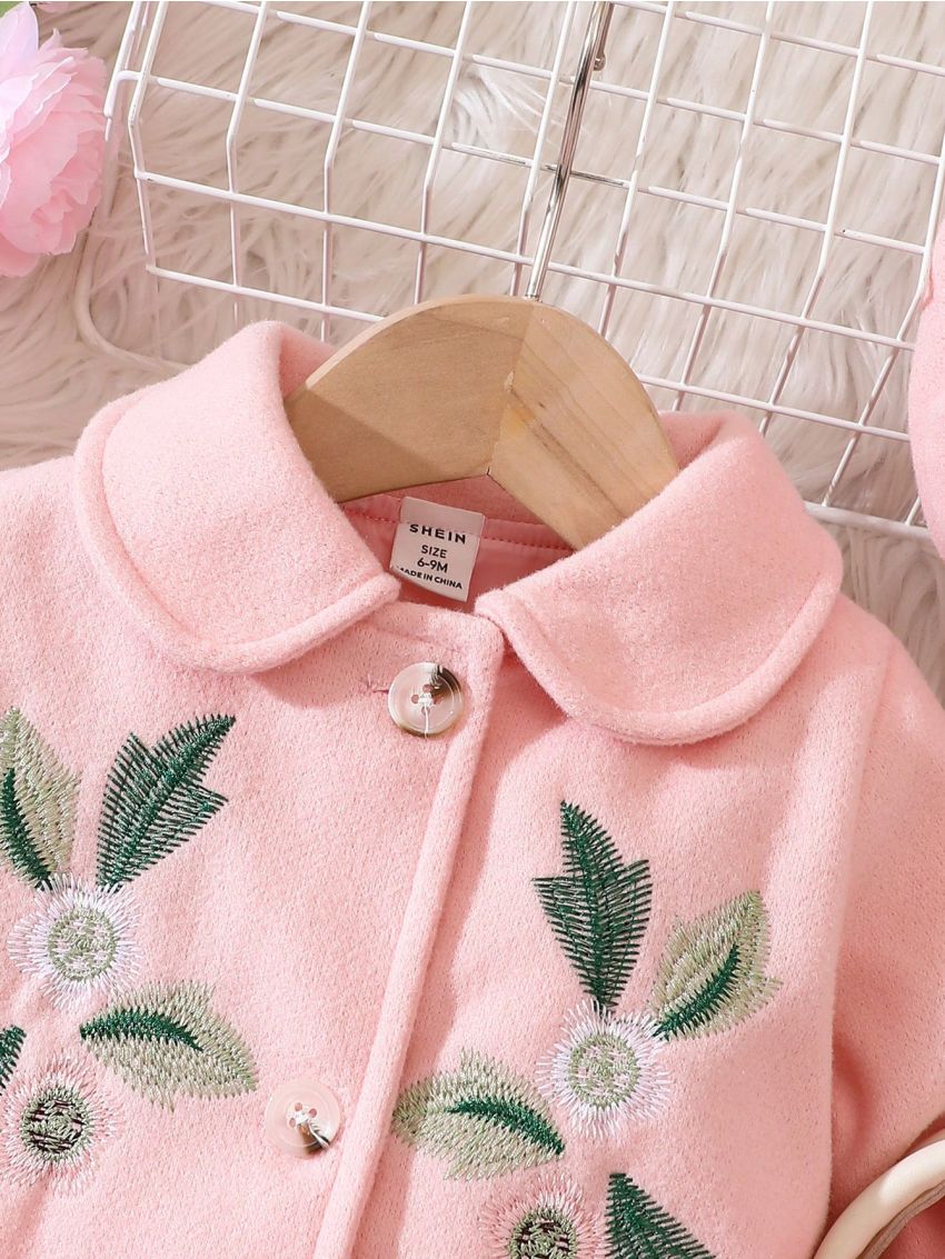 Baby Girls' Woolen Coat With Flower Embroidery And Front Button Closure + Hat