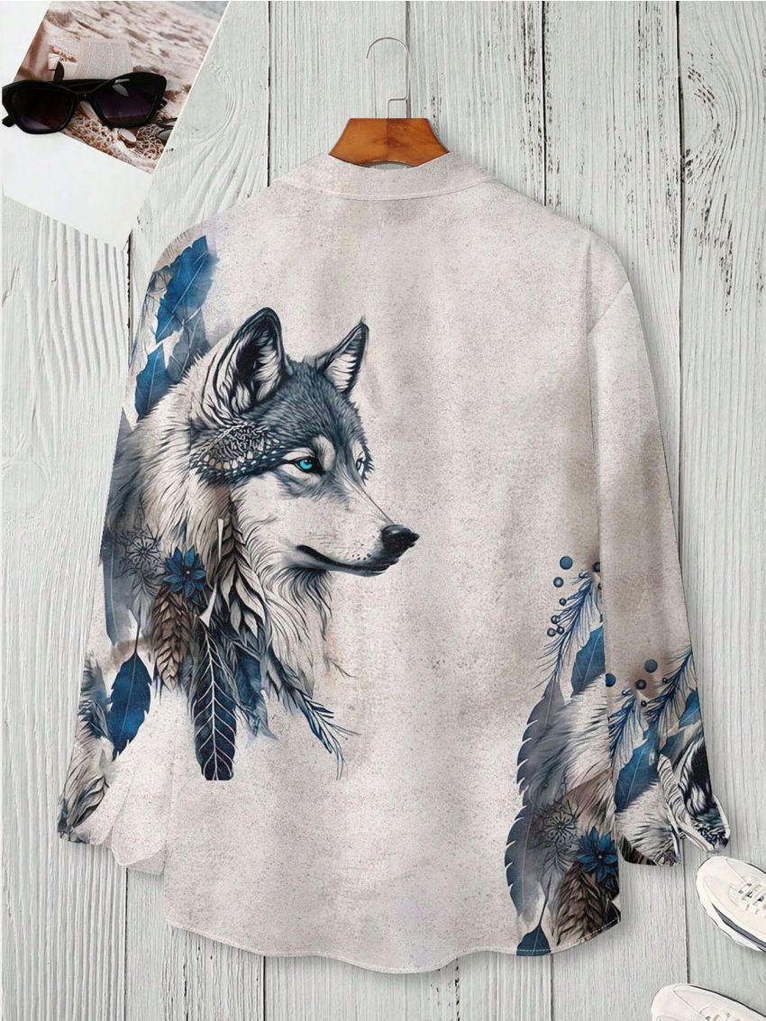Manfinity LEGND Men's Plus Size Wolf Pattern Printed Shirt