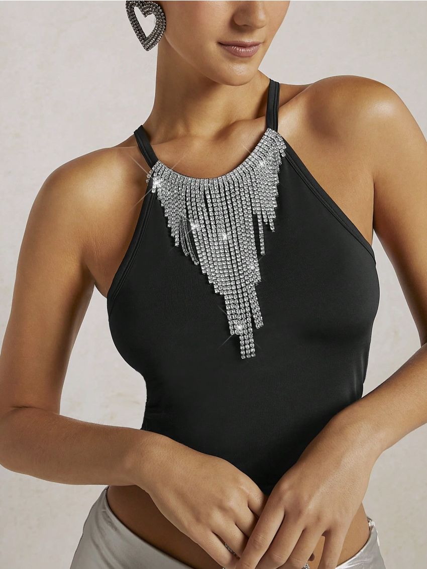 KUNSHENG Rhinestone Fringe Trim Crop Halter Top