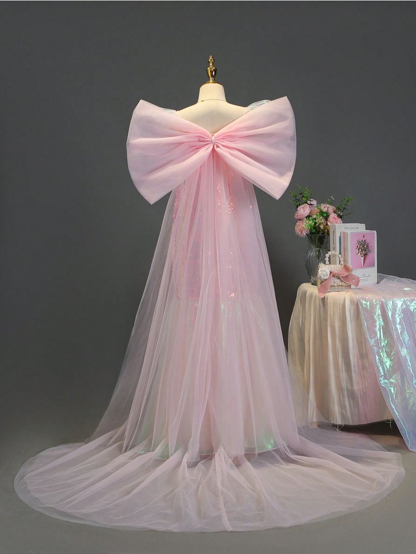 Girls' Rainbow Glitter Mesh Dress With Large Bowknot, Suitable For Performance, Wedding, Party And Birthday