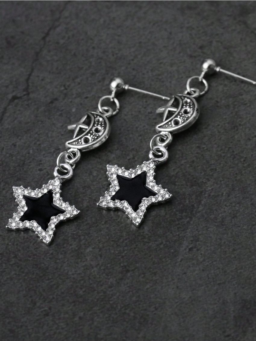 Goth 1 pair European And American Gothic Style Black Dripping Oil Rhinestone Star Pendant Earrings