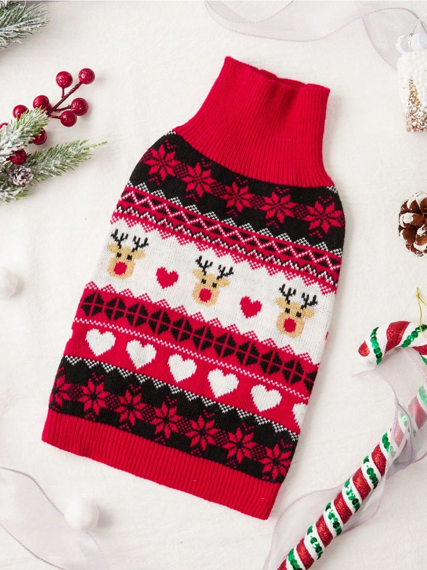 PETSIN Christmas Reindeer Fair Isle Pattern Red Pet Sweater