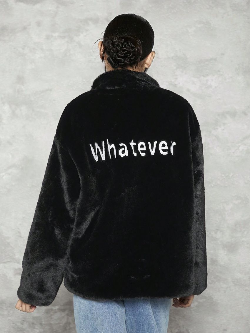 Teen Girl Letter Embroidery Drop Shoulder Teddy Coat