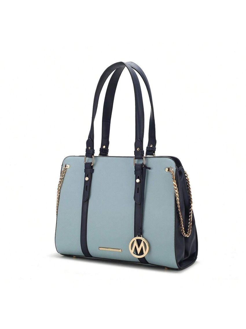 Amy Color Block Vegan Leather Womens Tote Bag  Lightweight Shoulder Handbag, Simple Work Bag