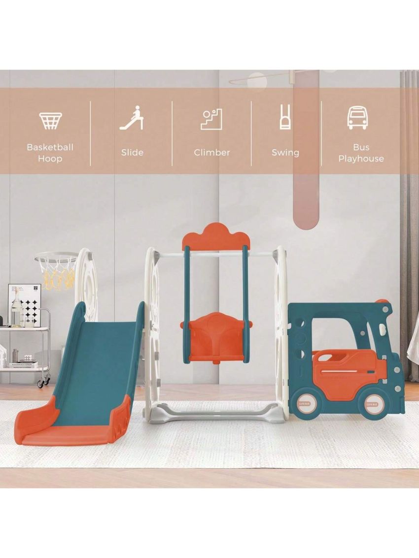 Merax Kids Swing-N-Slide with Bus Play Structure, Freestanding Bus Toy with Slide&Swing for Toddlers, Bus Slide Set with Basketball Hoop