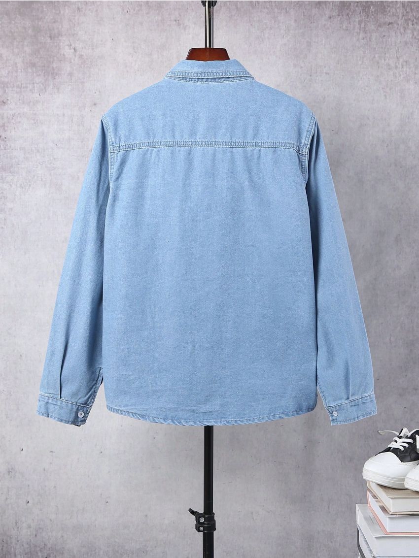 Teen Boy Light Blue Outdoor Simple Denim Jacket With Washed Design