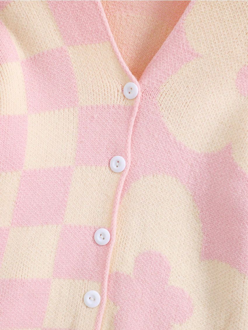 Tween Girl Checker Pattern Drop Shoulder Cardigan
