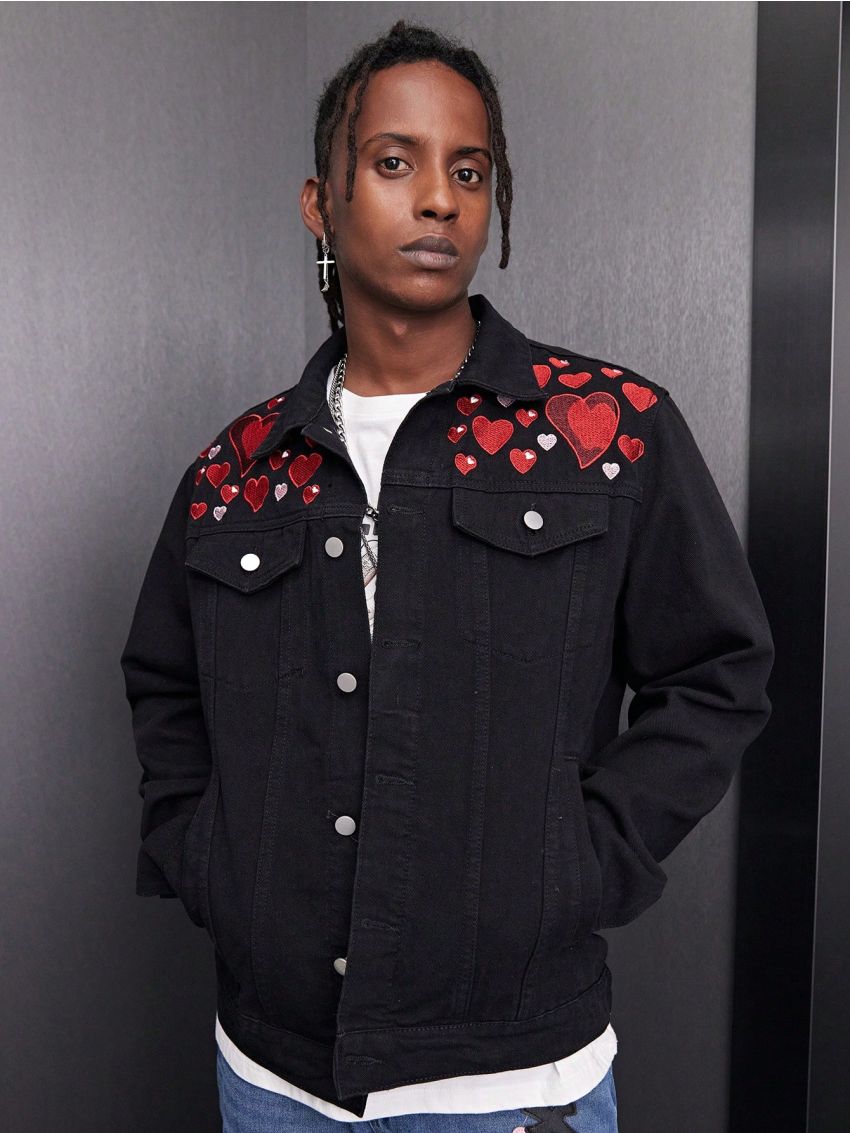 Manfinity EMRG Men's Jean Jacket With Heart-shaped Pattern And Flap Detail