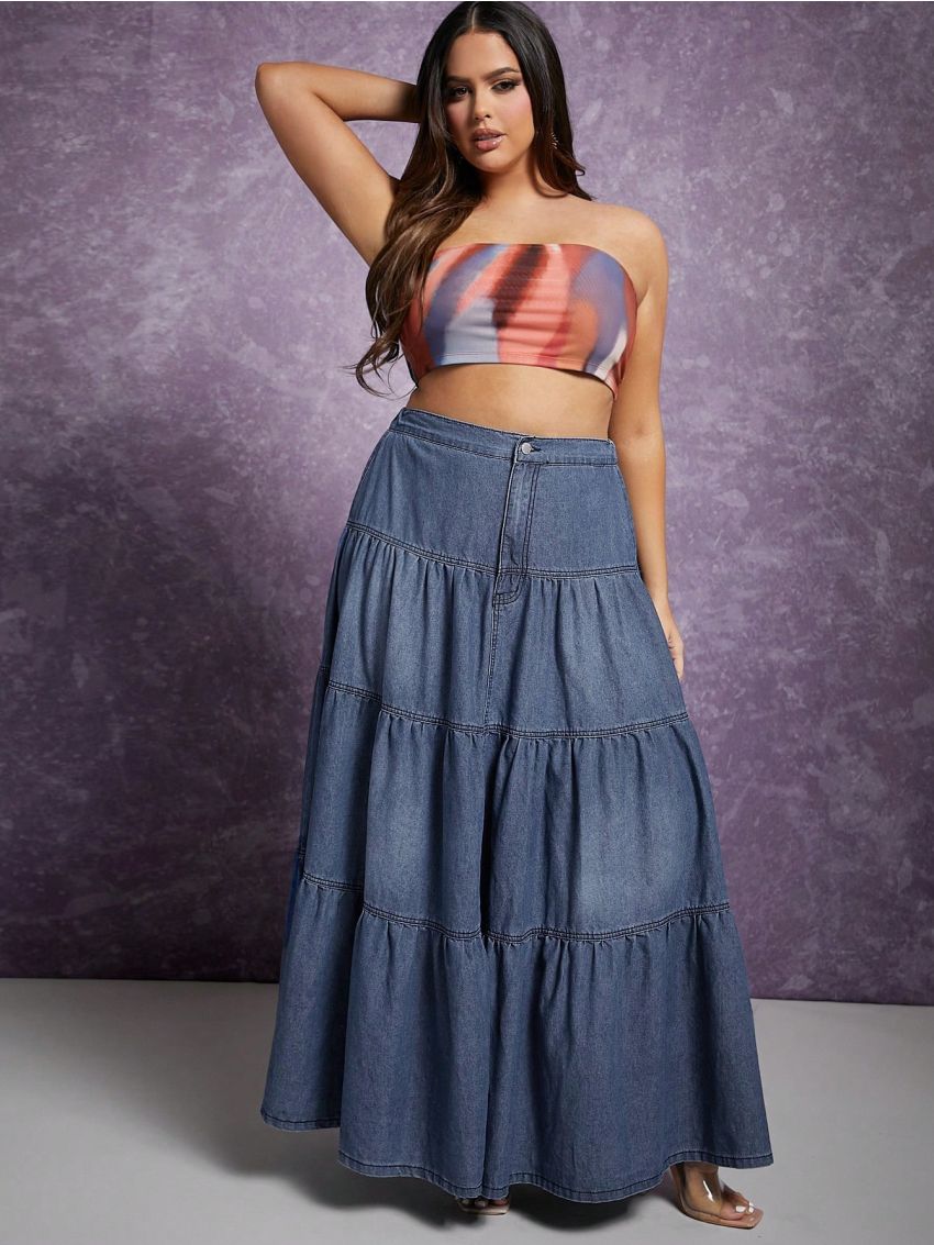 Nature Denim Plus High Waist Ruffle Hem Denim Skirt