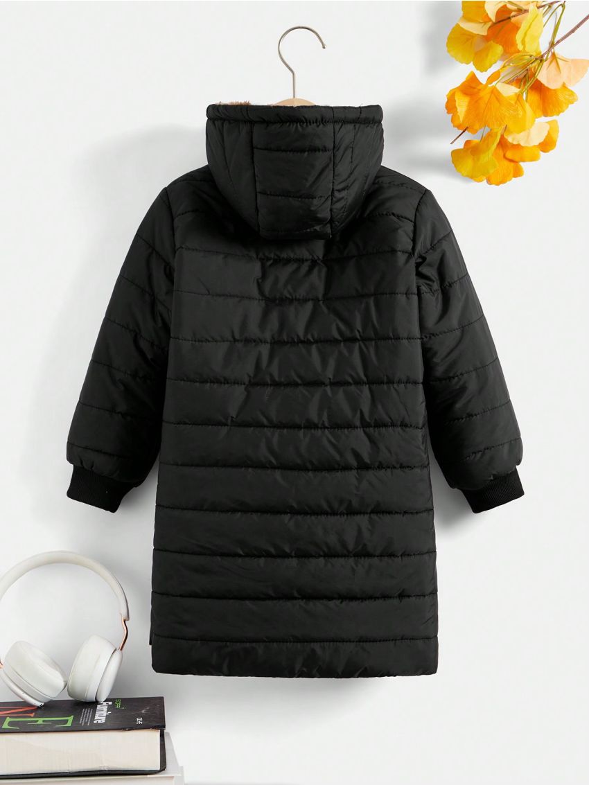 SHEIN Kids QTFun Little Boys' Solid Hooded Zipper Closure Quilted Jacket