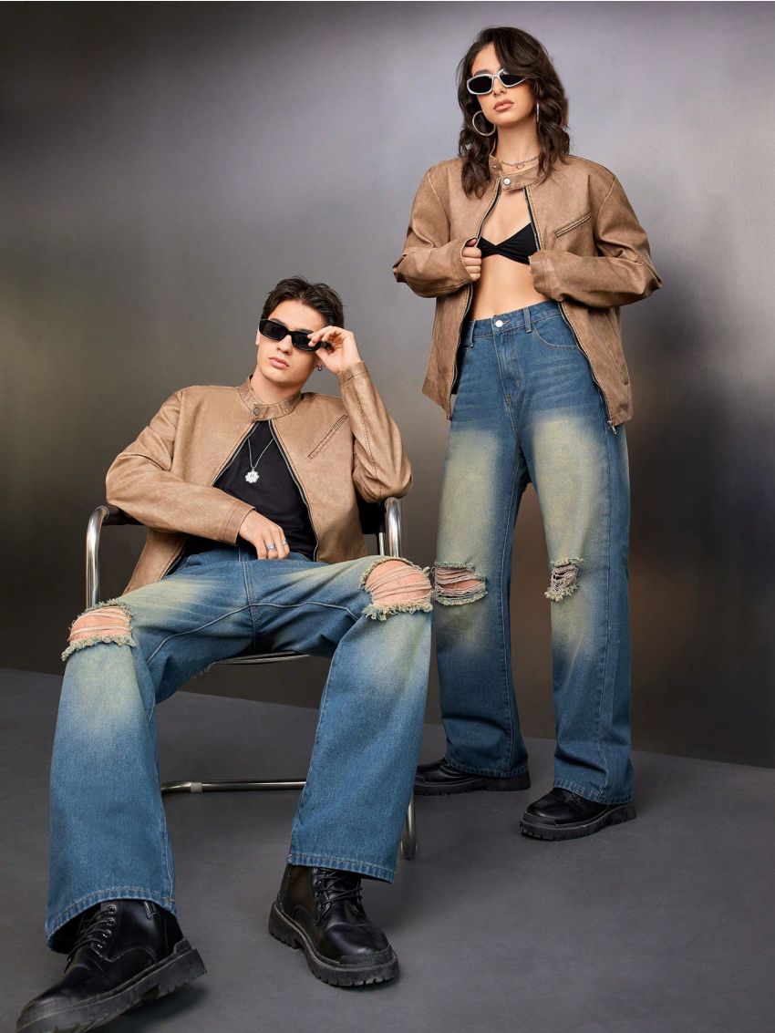 Manfinity Unisex Men's Regular Fit Non-stretch Mid-rise Casual Jeans With Distressed Details