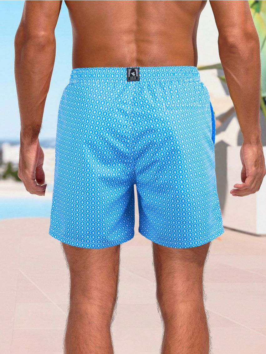 Manfinity Swimmode Men's Solid Color Swim Trunks With Drawstring And Patch