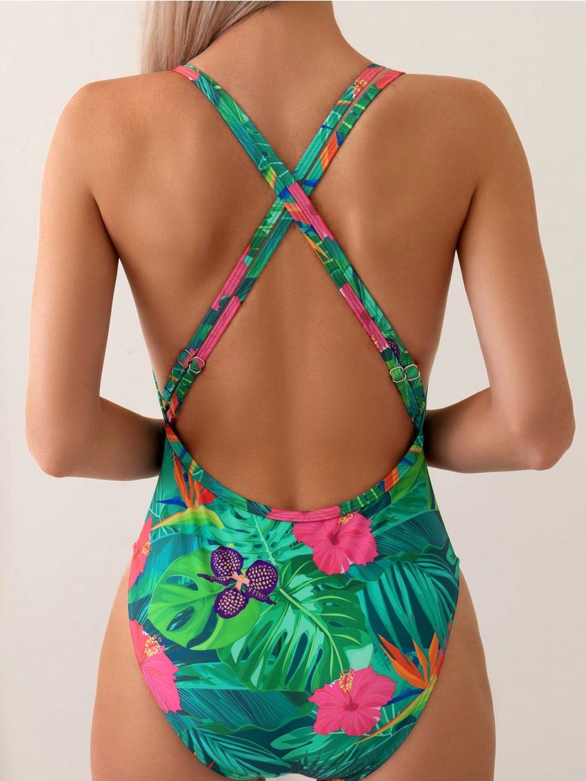 SHEIN Swim Summer Beach Tropical Printed Hollow Out One-Piece Swimsuit