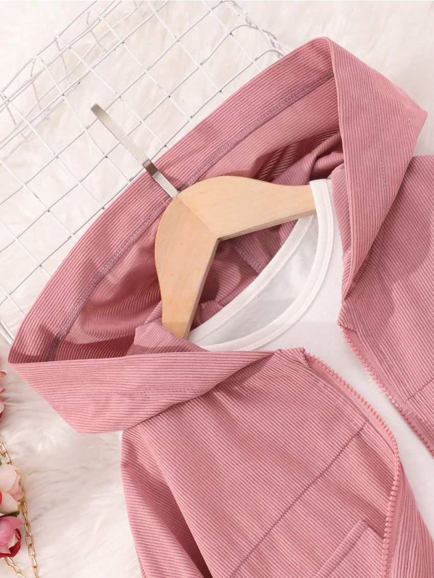 Teen Girls' Solid Color Hooded Casual Jacket With Mock Pockets