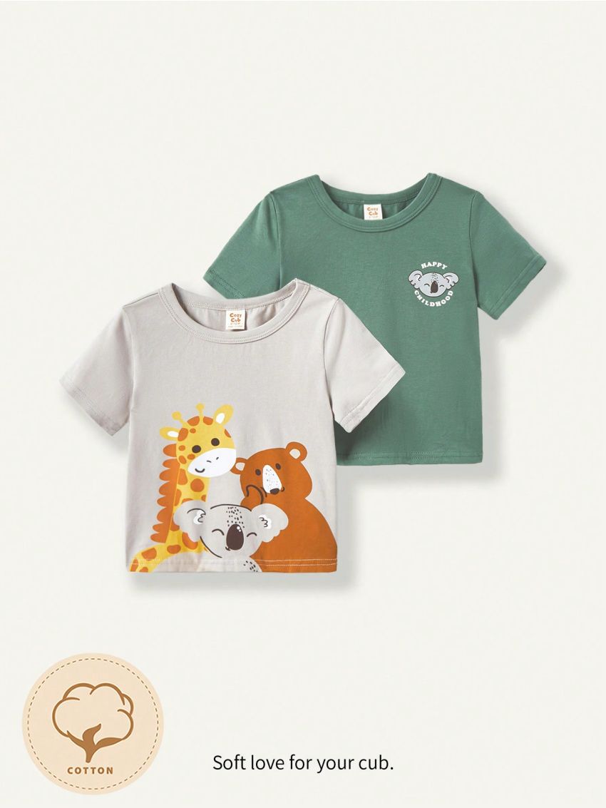 Cozy Cub Knitted Soft Cartoon Animal Pattern Round Neck Short Sleeve T-Shirt 2pcs/Set For Baby Boy