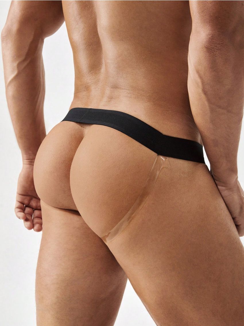Men's Elastic, Soft And Sexy Black Mesh Butt Exposed Dual Thongs T-Back Underwear