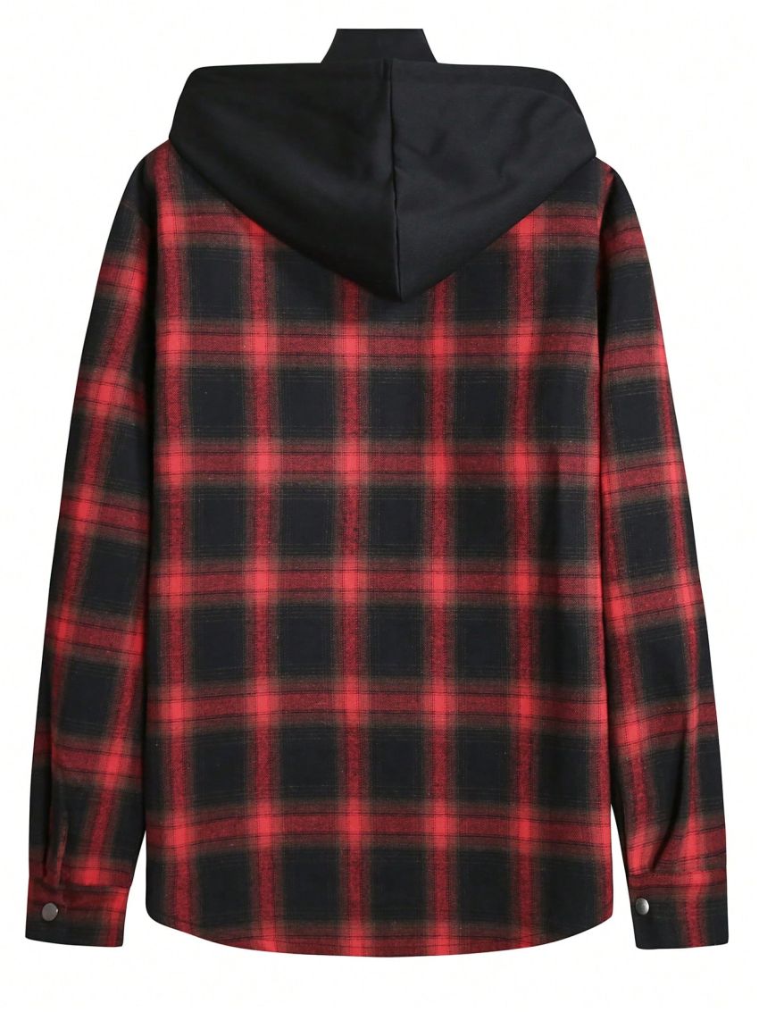 Manfinity Sporsity Men Plaid Print Flap Pocket Drawstring Hooded Shirt