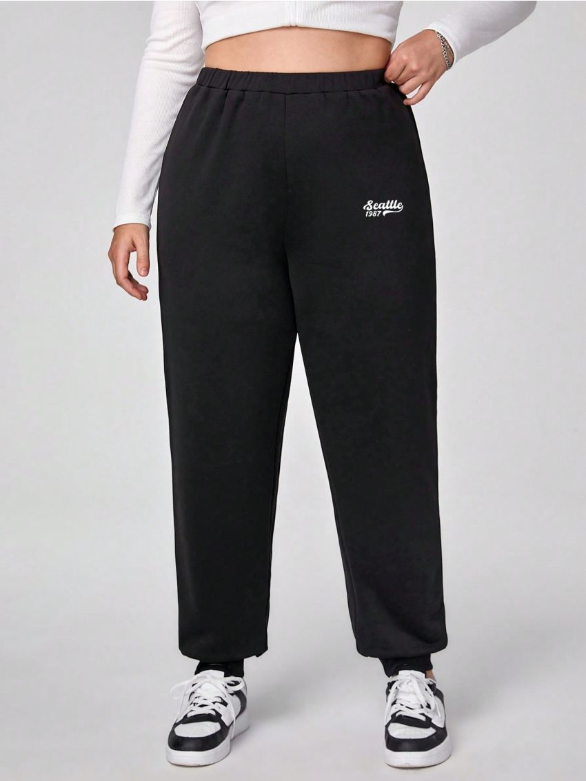 XYZ Studio Plus Size Loose-Fit Joggers With Text Print & Elastic Cuffs