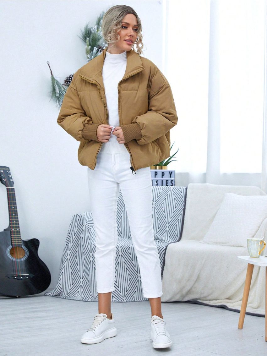 SHEIN Essnce Women's Zipper Front Drop Shoulder Padded Coat