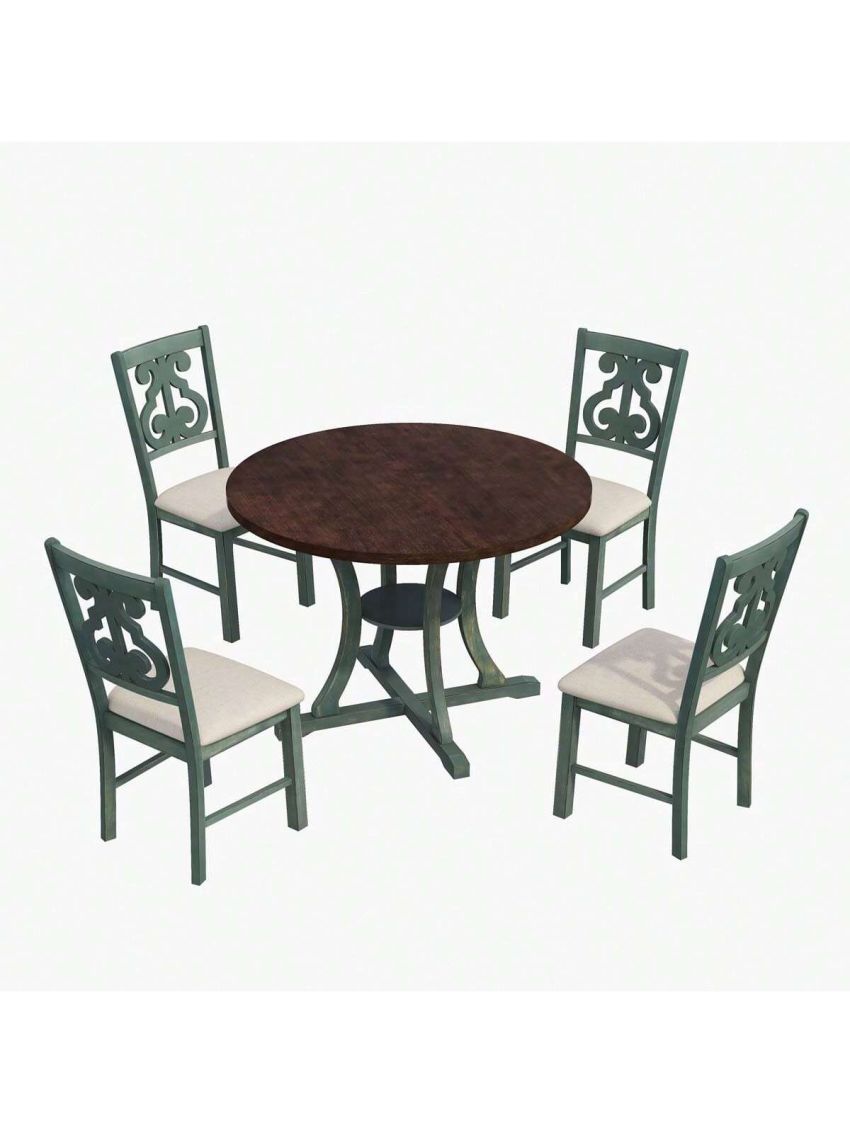 Merax 5-Piece Round Dining Table and Chair Set with Special-shaped Legs and an Exquisitely Designed Hollow Chair Back for Dining Room