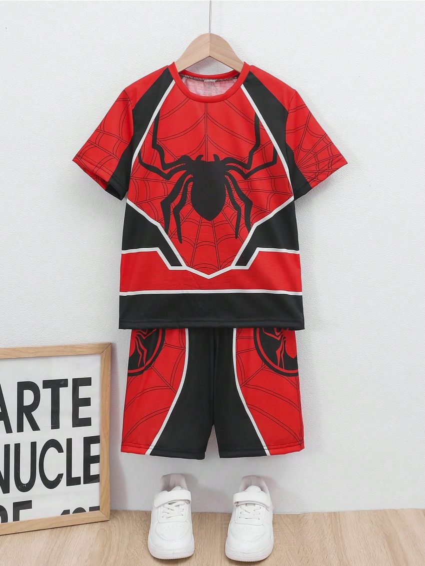 SHEIN Big/older Boys' Spider Printed Short Sleeve Casual 2pcs/set