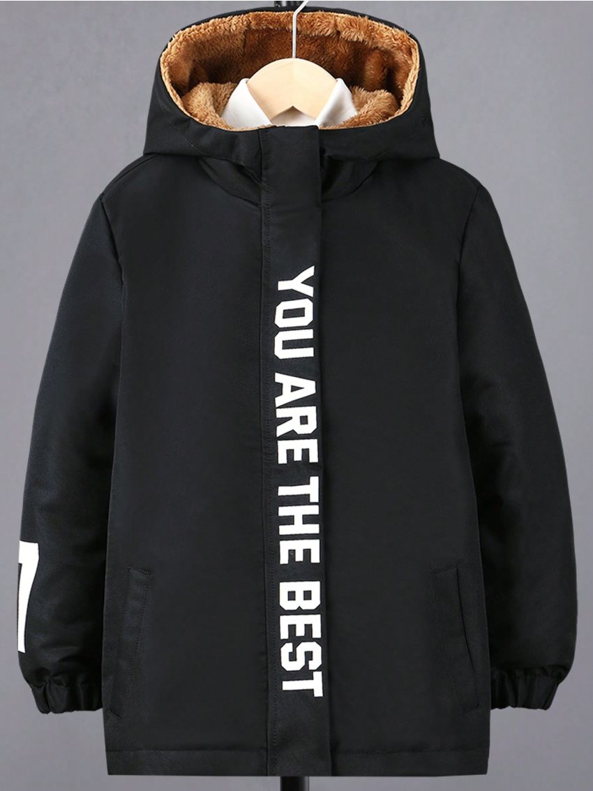 SHEIN Kids HYPEME Boys' Hooded Jacket With Letter Print And Fleece Lining