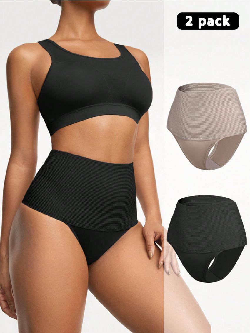 2pcs Women'S Solid Color High Waist Tummy Control Thong Underwear
