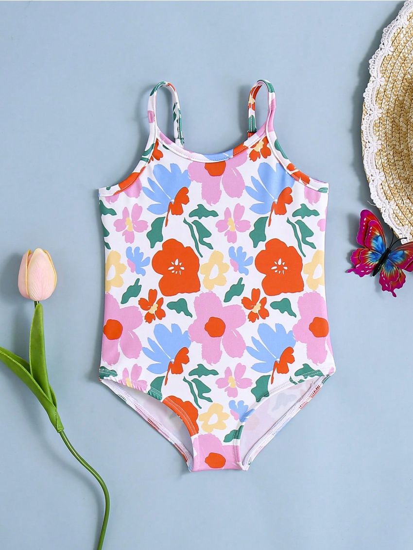 SHEIN Baby Girl's Casual Floral Printed Halter One-Piece Swimsuit For Summer Vacation