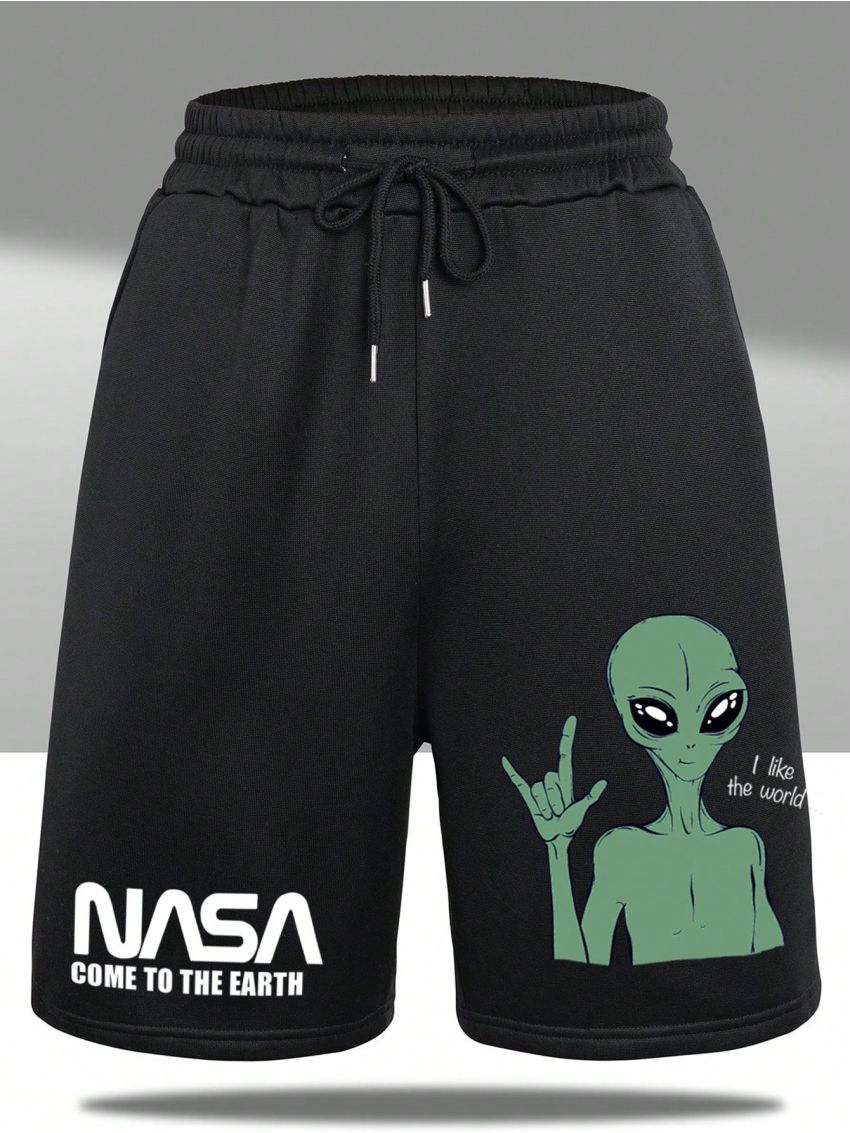 Men's Letter & Alien Pattern Drawstring Waist Shorts