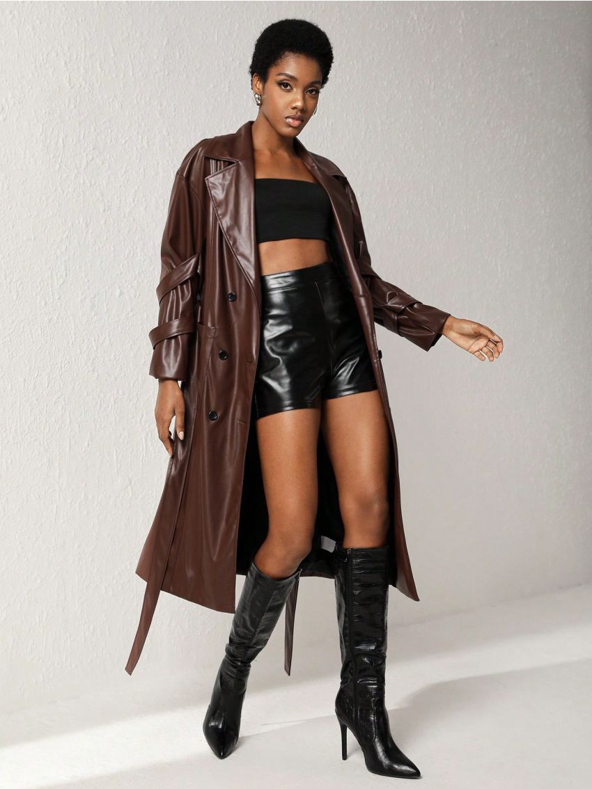 MAY‘G Pu Leather Coat With Pockets, Color-Blocking Lining, Detachable Belt