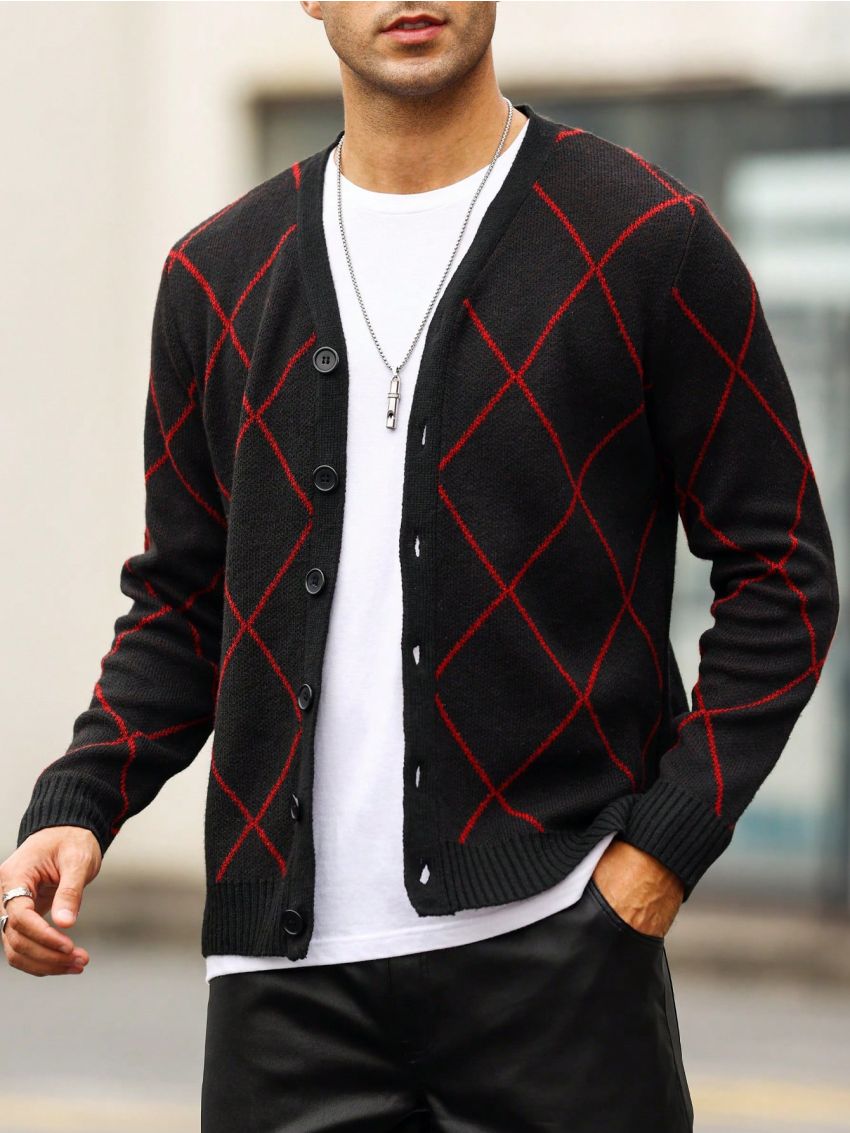 Manfinity Homme Men's Simple Red & Black Plaid Cardigan