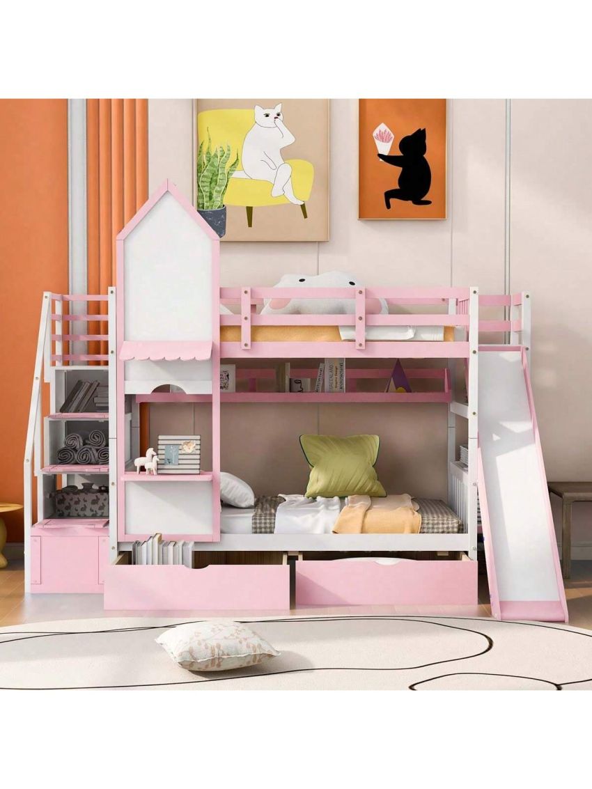 Merax Twin-Over-Twin Castle Style Bunk Bed with 2 Drawers 3 Shelves and Slide