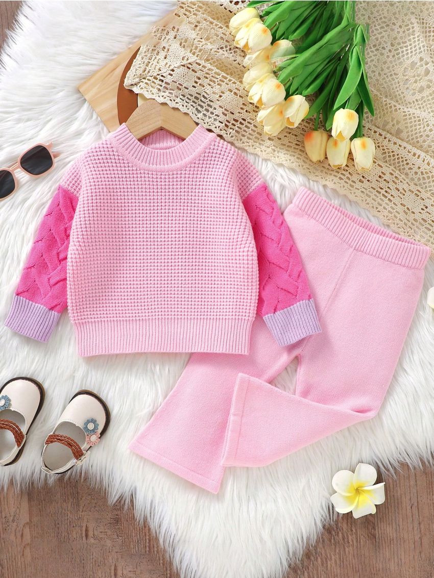 Baby Girls' Contrast Color Knitted Sweater Set