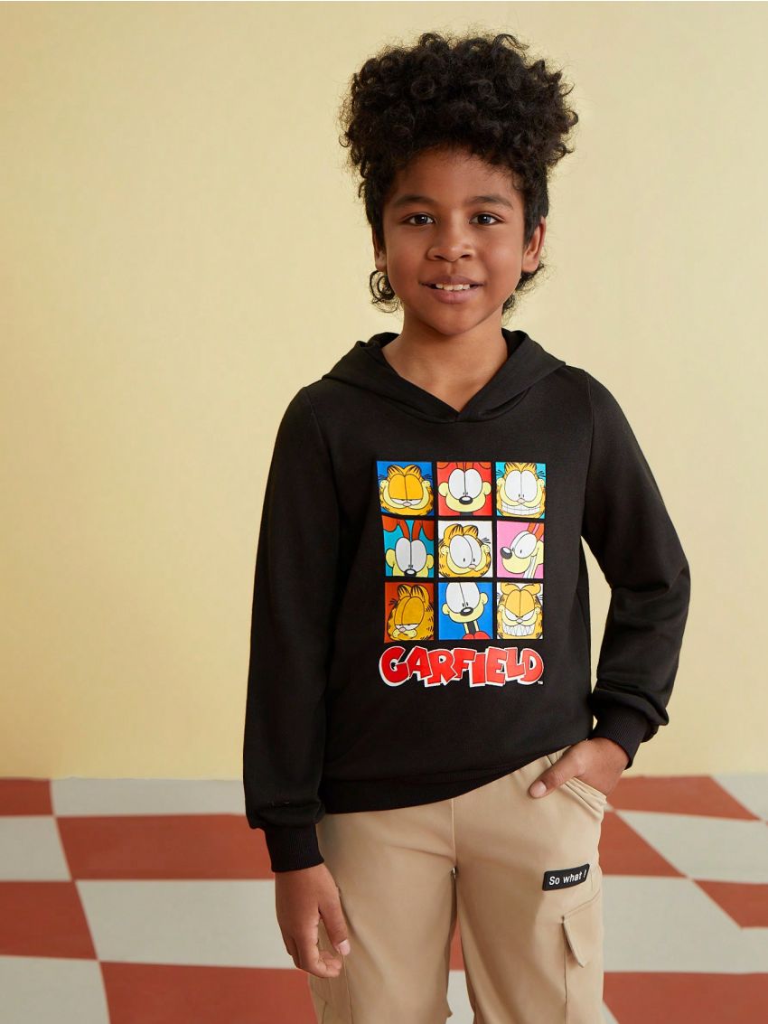 GARFIELD X SHEIN Tween Boy Cartoon Printed Hooded Sweatshirt