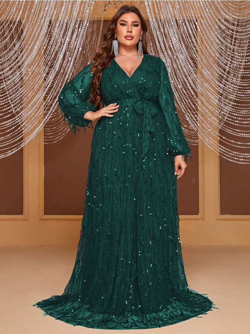 Giffniseti Plus Plunging Neck Belted Sequin Formal Dress