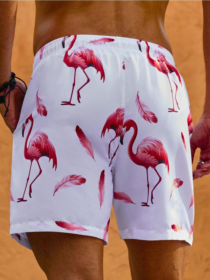 Men's Flamingo Printed Drawstring Waist Beach Shorts